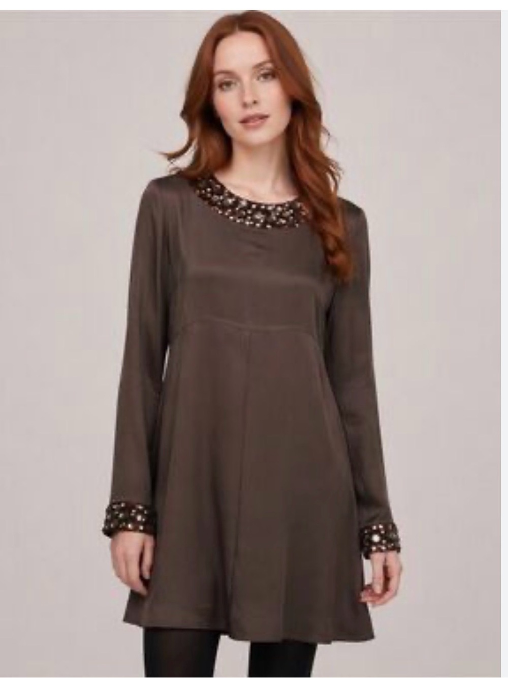 Alice + Olivia NWT Brown Silk Jewel-Neck Long Sleeve A-Line Dress Sz Small
